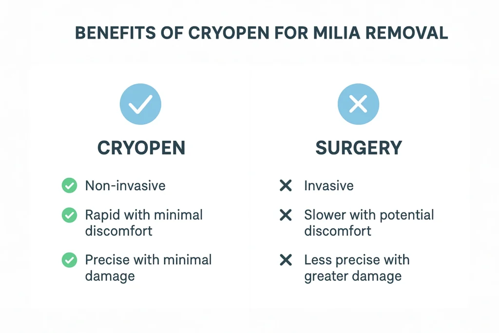 Benefits of cryopen for milia removal Chesterfield compared to surgical treatments.