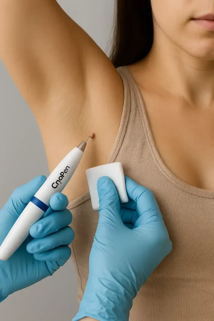 woman having cryopen to remove underarm skin tags Chesterfield