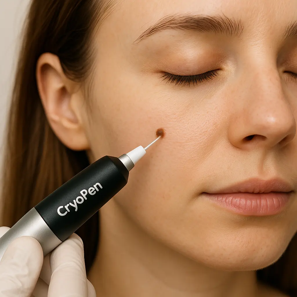 woman receiving facial mole removal Chesterfield using cryopen 