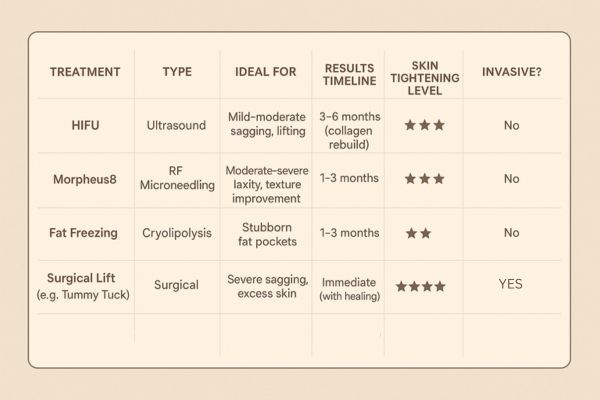 Table showing the comparisons of Skin tightening Chesterfield treatment options.